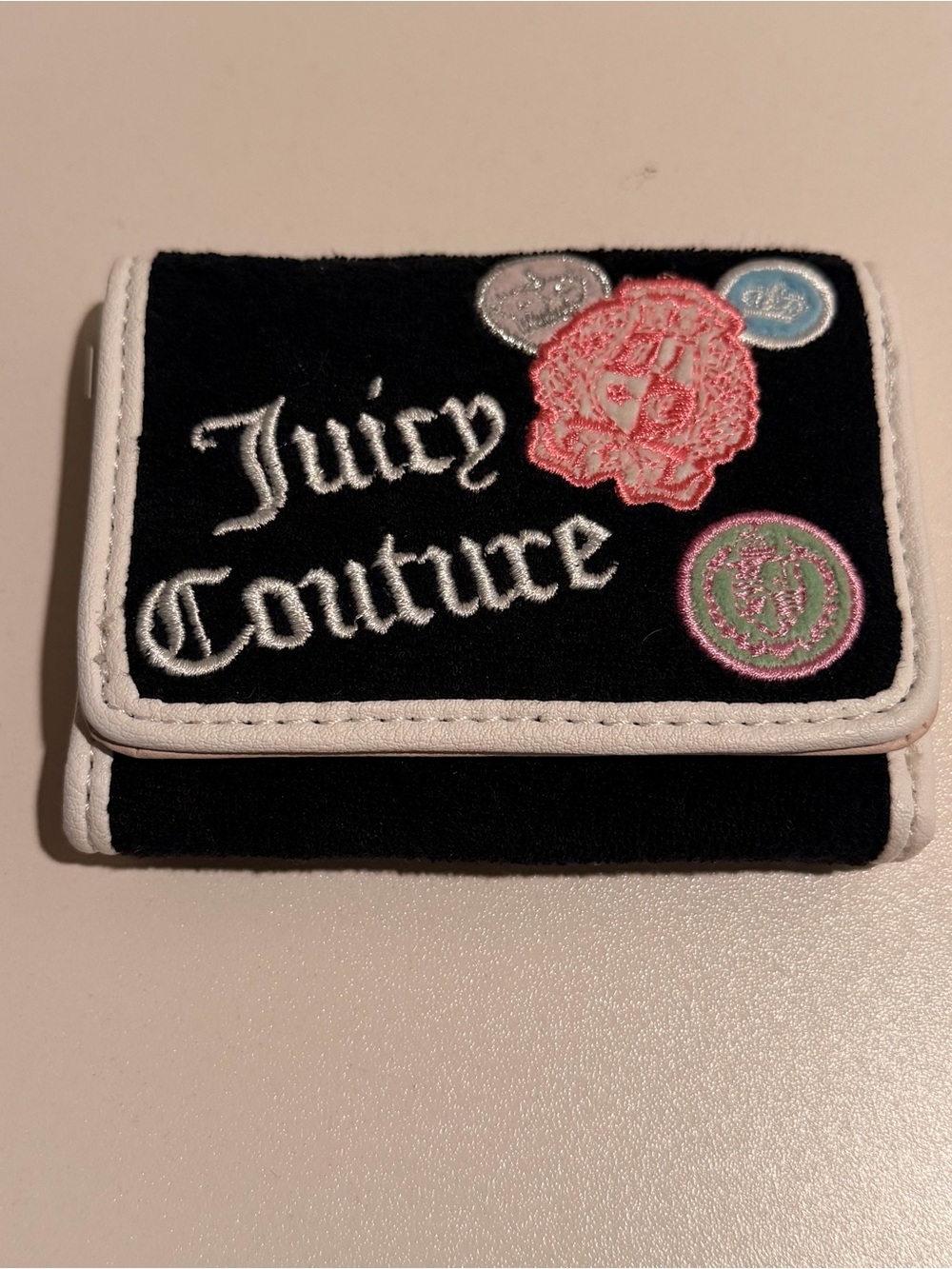 Juicy Couture Black Terrycloth Patch Wallet with White Trim